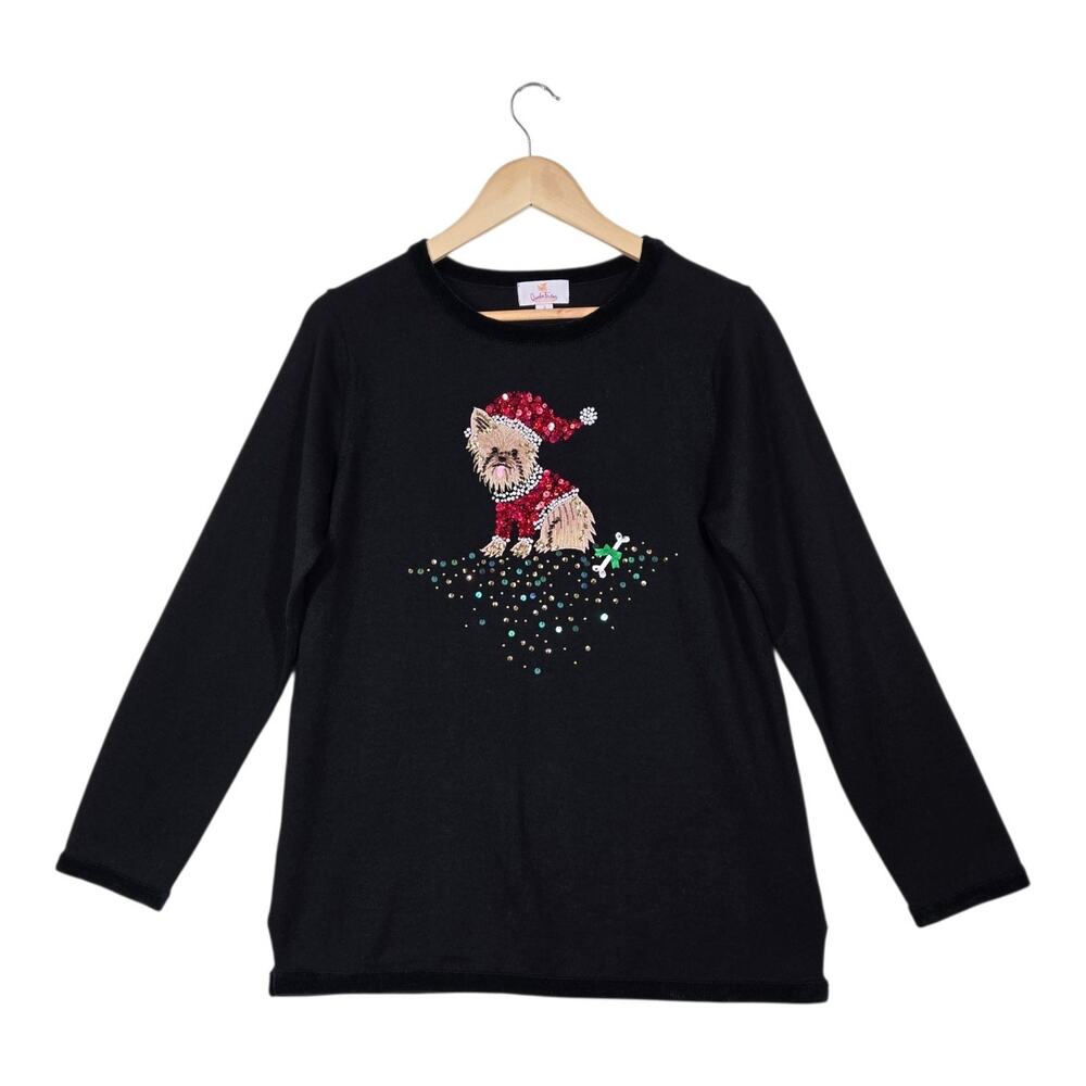 Quacker Factory Christmas Yorkie Sweater S Black Beaded Sequin Dog Holiday Top